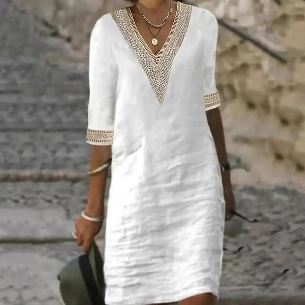 

Ladies Lace Stitching V Neck Embroidered Exquisite Embroidered Lace Short Sleeve Flax Dress Summer Linen Dress