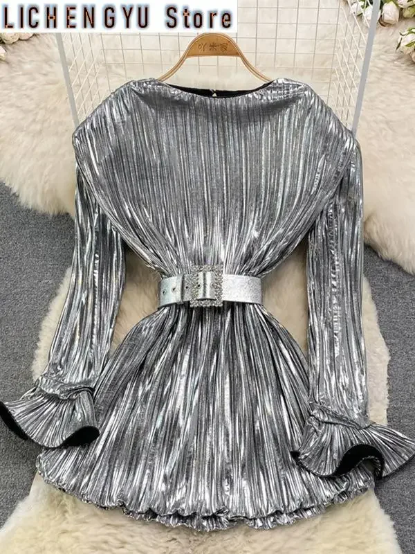 

Sweet Style Women's Dress Long-sleeve Pleated Lace-up Solid Color High Waist A-line Dresses Autumn Winter