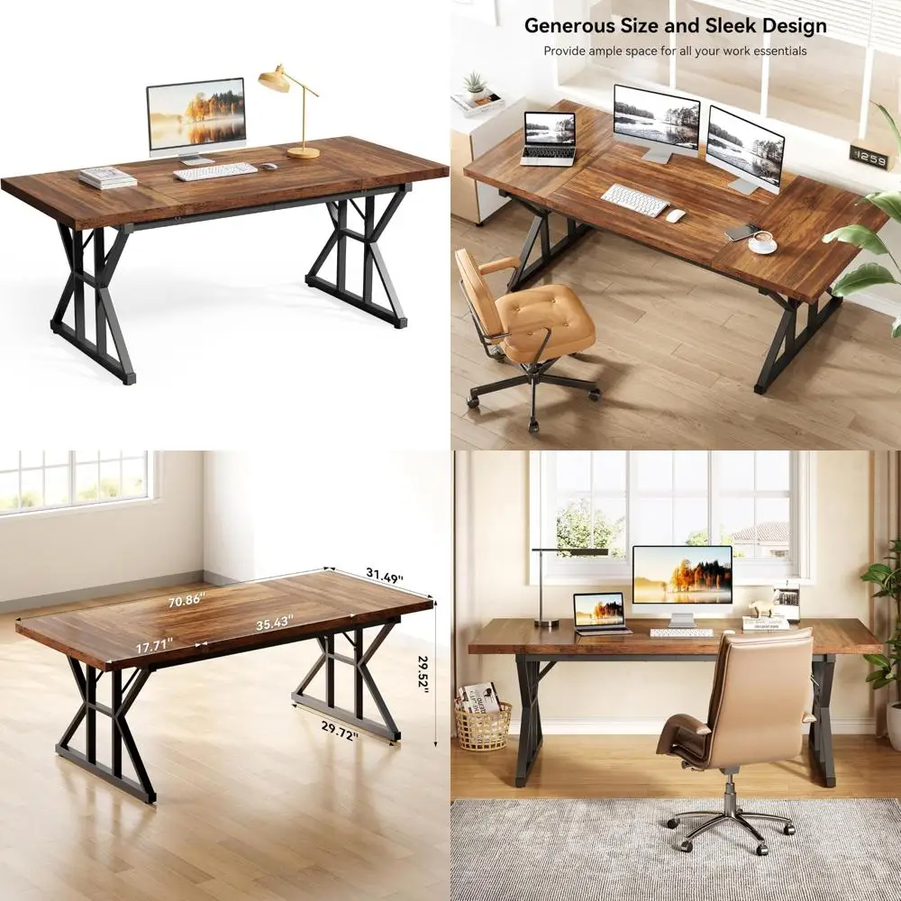 

70.8-Inch Modern Wooden Executive Desk, Large Farmhouse Style Writing Table for Office and Computer Use