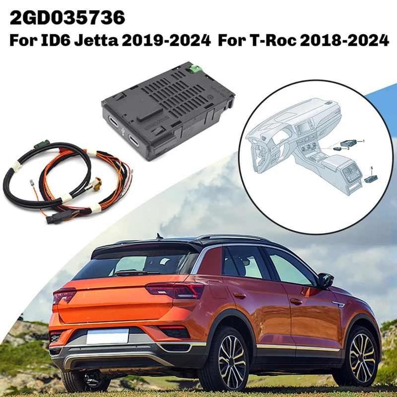 

2GD035736 для ID6 Jetta 2019-2024 T-Roc 2018-2024, переключатель Carplay с кабелем, фронтальный ряд, двойной USB-C, переключатель Carplay