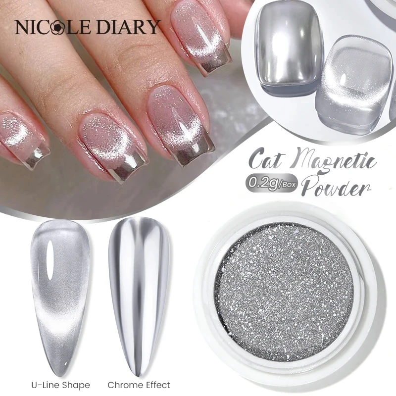 NICOLE DIARY Moonlight Cat Magnetic Nail Powder Silver Mirror Chrome Pigment Dust Metallic Effect For Nail Manicure Decorations