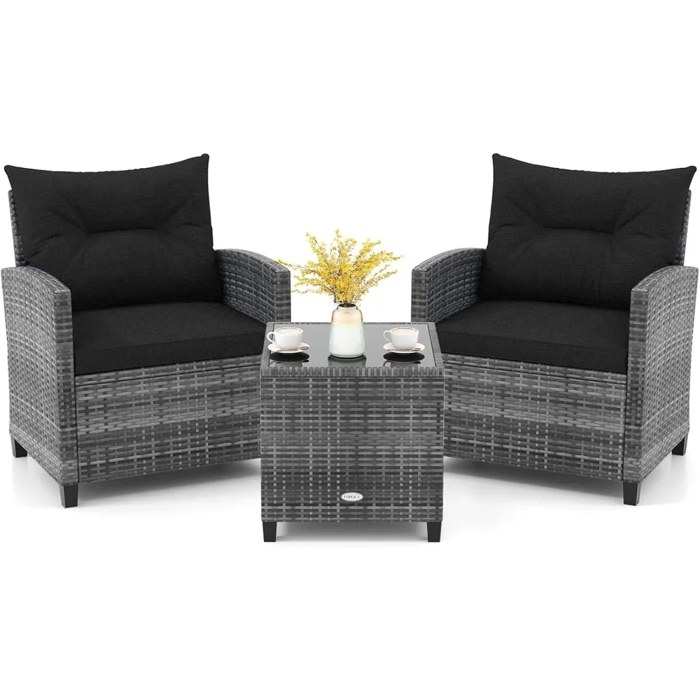 

3 Piece Patio Furniture Set, Outdoor PE Rattan Conversation Set with Washable Cushions & Tempered Glass Tabletop, Wicker