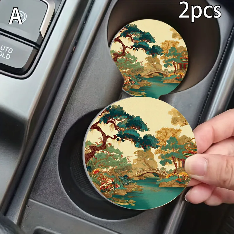 2Pcs Chinese Landscape Car Coasters, Vintage Leather Non-Slip Waterproof Cup Pad, Universal 2.75