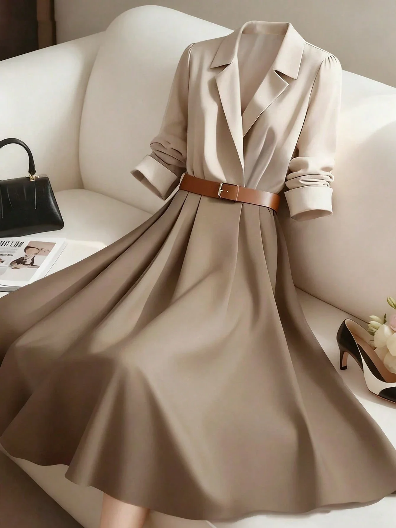 

Elegant Long Sleeve A-Line Shirt Dress With Belt For Women