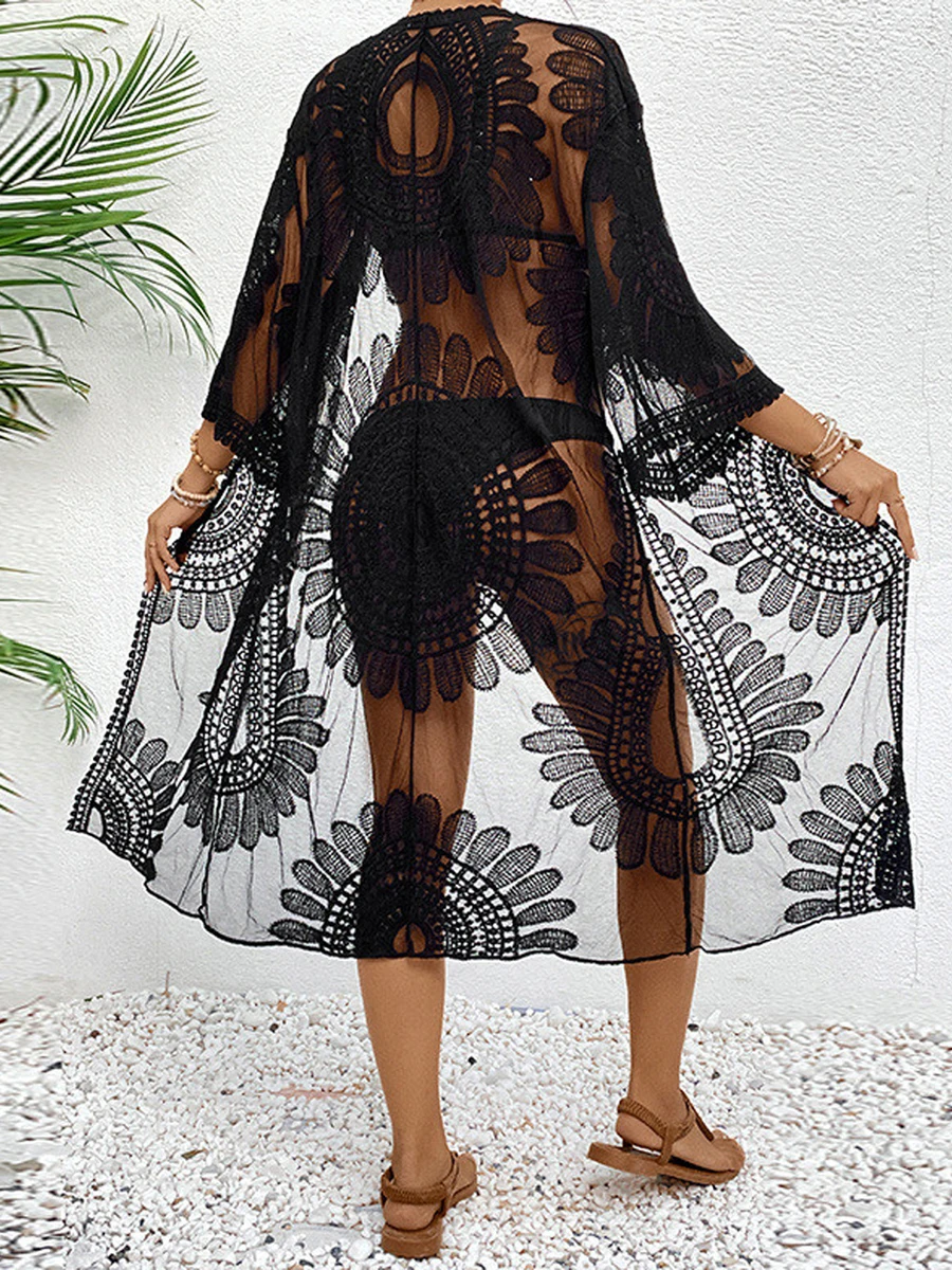 Vestido de playa tipo kimono de playa de encaje transparente con bordado floral para mujer