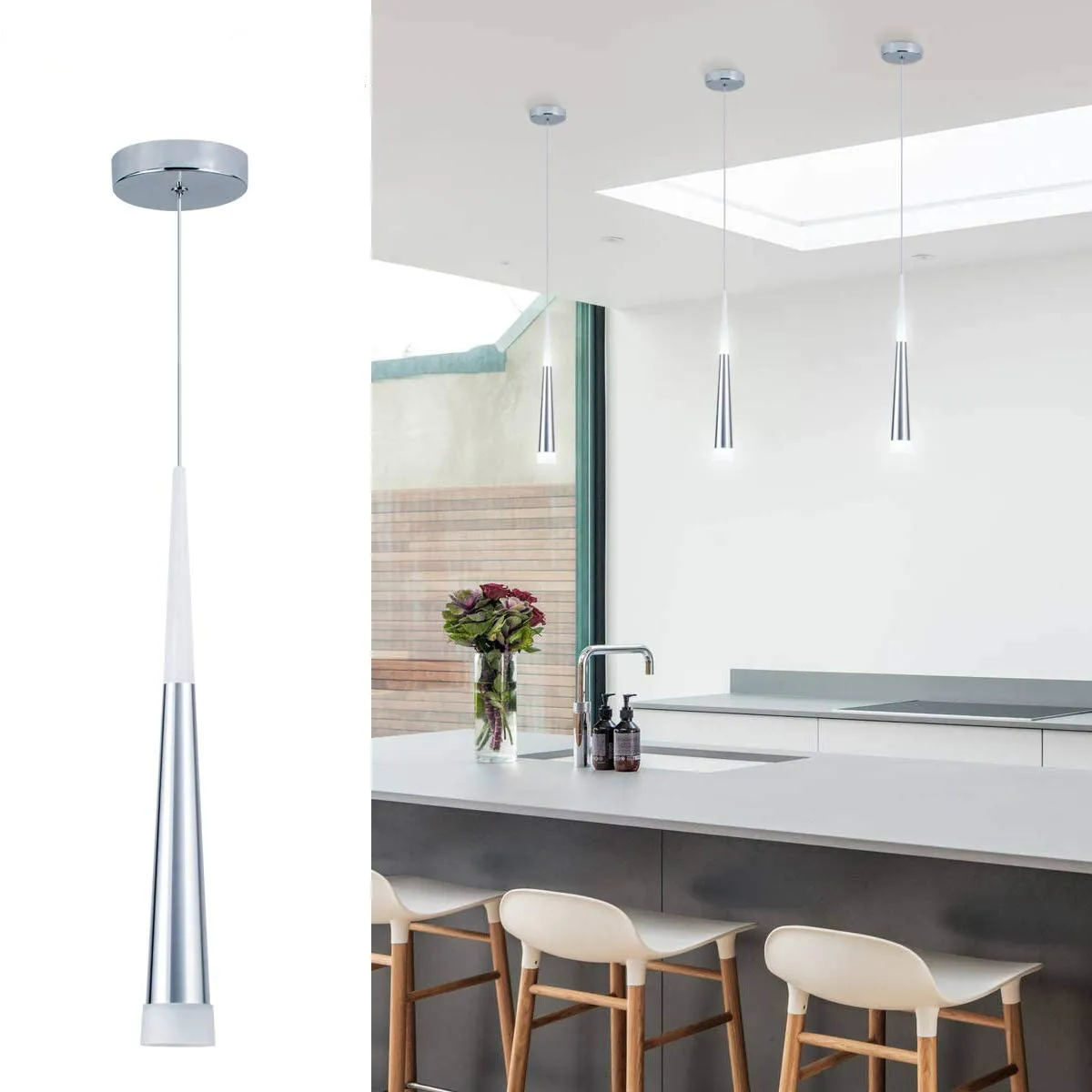 Nordic LED Long Pendant Lamp Sliver Con Hanging Light for High Ceiling Dining Living Room Bedroom Study Indoor Home Decor Light