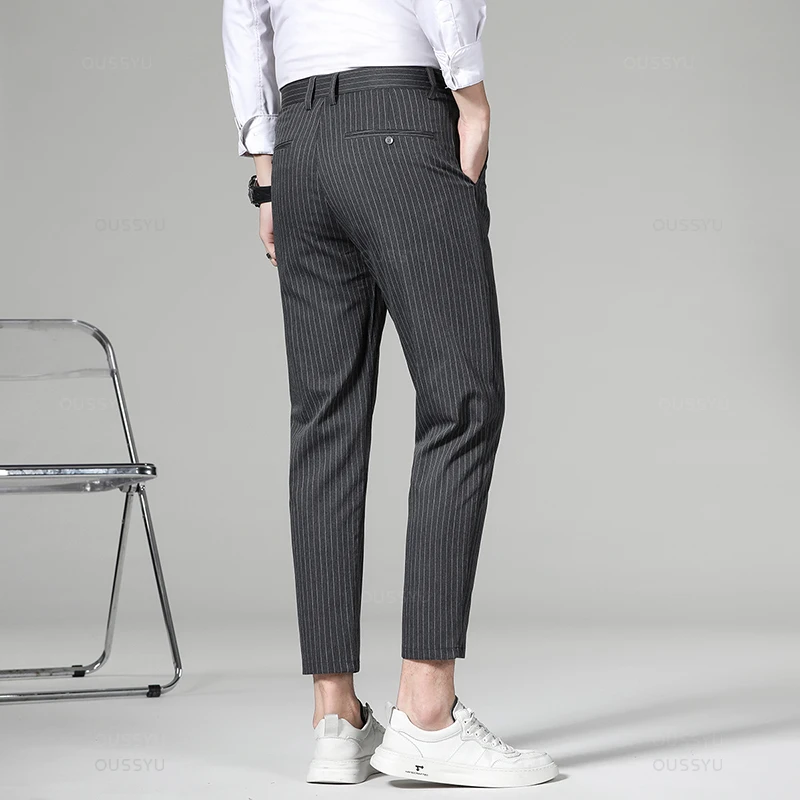 High Quality Plaid Stripe Ankle Length Pants Men Business Long Length Pant Straight Korea Grey Black Suit Formal Trousers Male