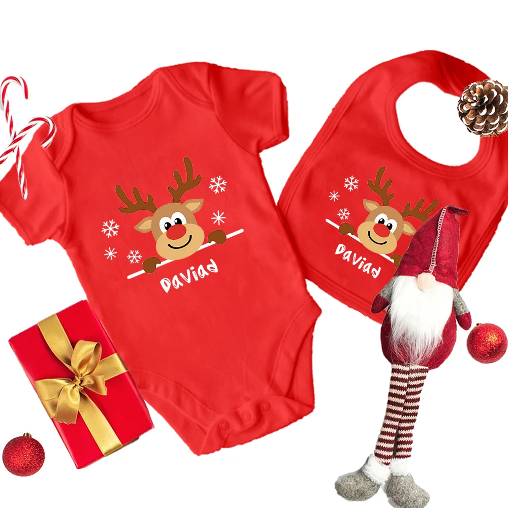 

Personalized Christmas Baby Bib & Bodysuit 2pcs Set Newborn Cotton Short Sleeve Romper + Bibs Cute Christmas Deer Clothes