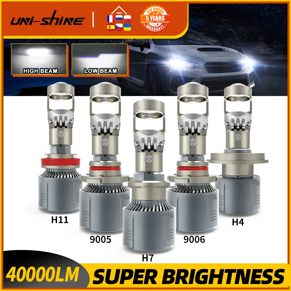 UNI-SHINE Mini Projector HD Lens H7 H11 Led Canbus Hi/Lo Beam 40000LM H4 9005 HB3 9006 HB4 Super Bright 12V 6500K Auto Fog Light