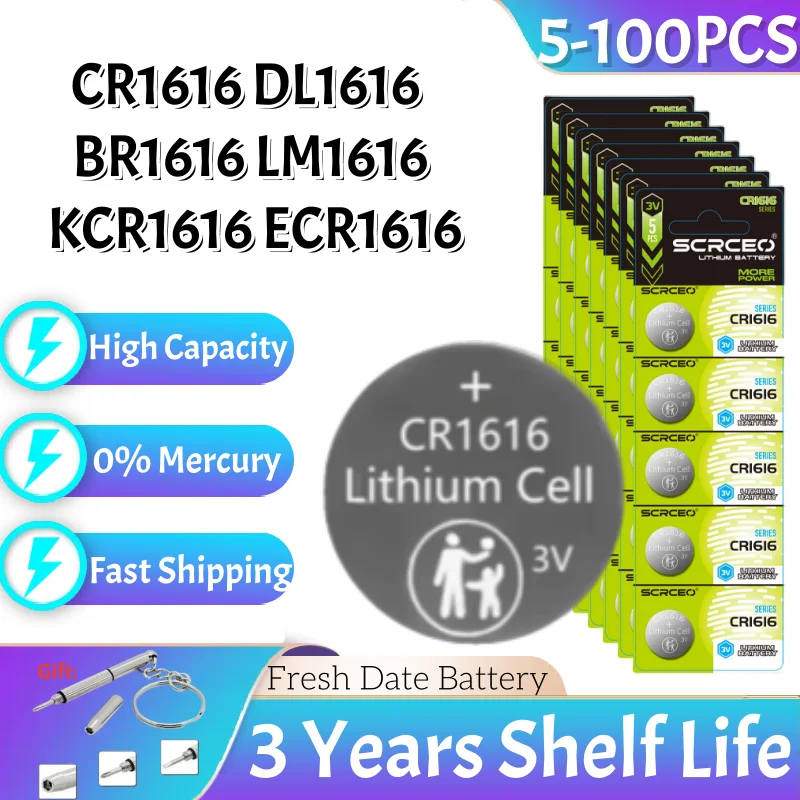 5-100PCS CR1616 Button Coin Cell Batteries LM1616 ECR1616 DL1616 BR1616 3V  Lithium Battery Coin Cells For Watch Car Toys  Key
