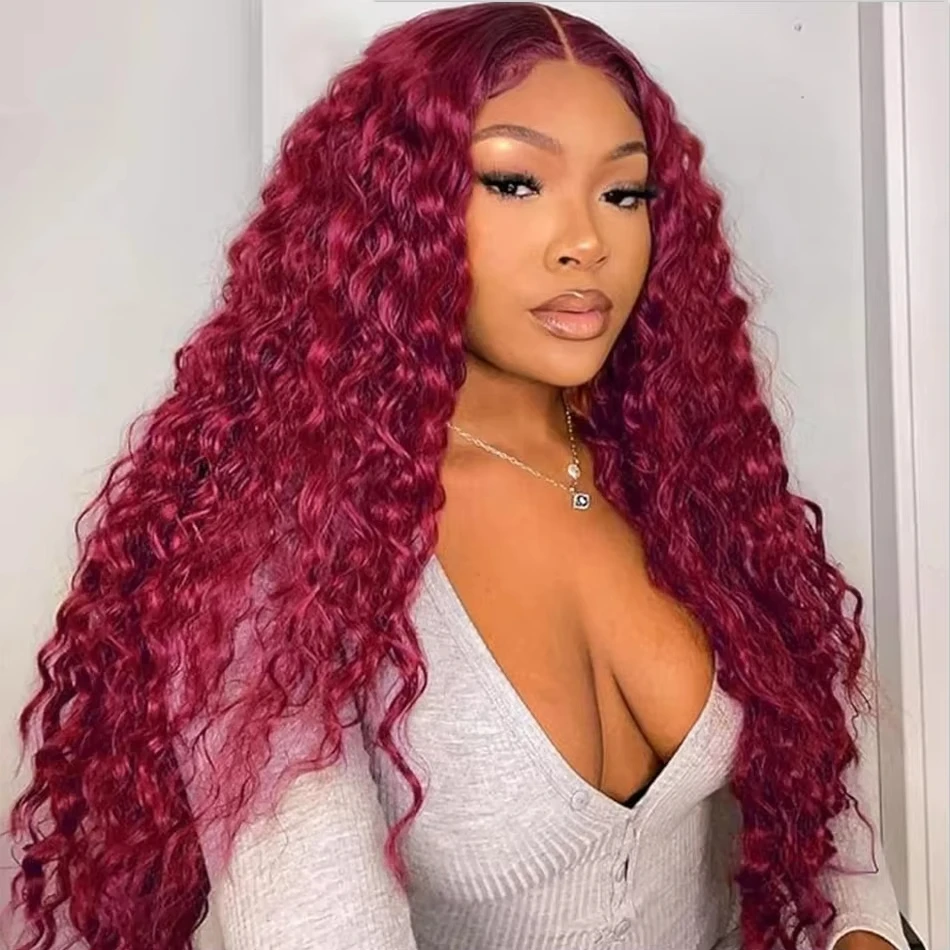 30 40 Inch 99J Burgundy Deep Wave 13X4 Front Human Hair Remy 200 Colored Curly 13x6 Lace Frontal Wig Brazilian For Black Women