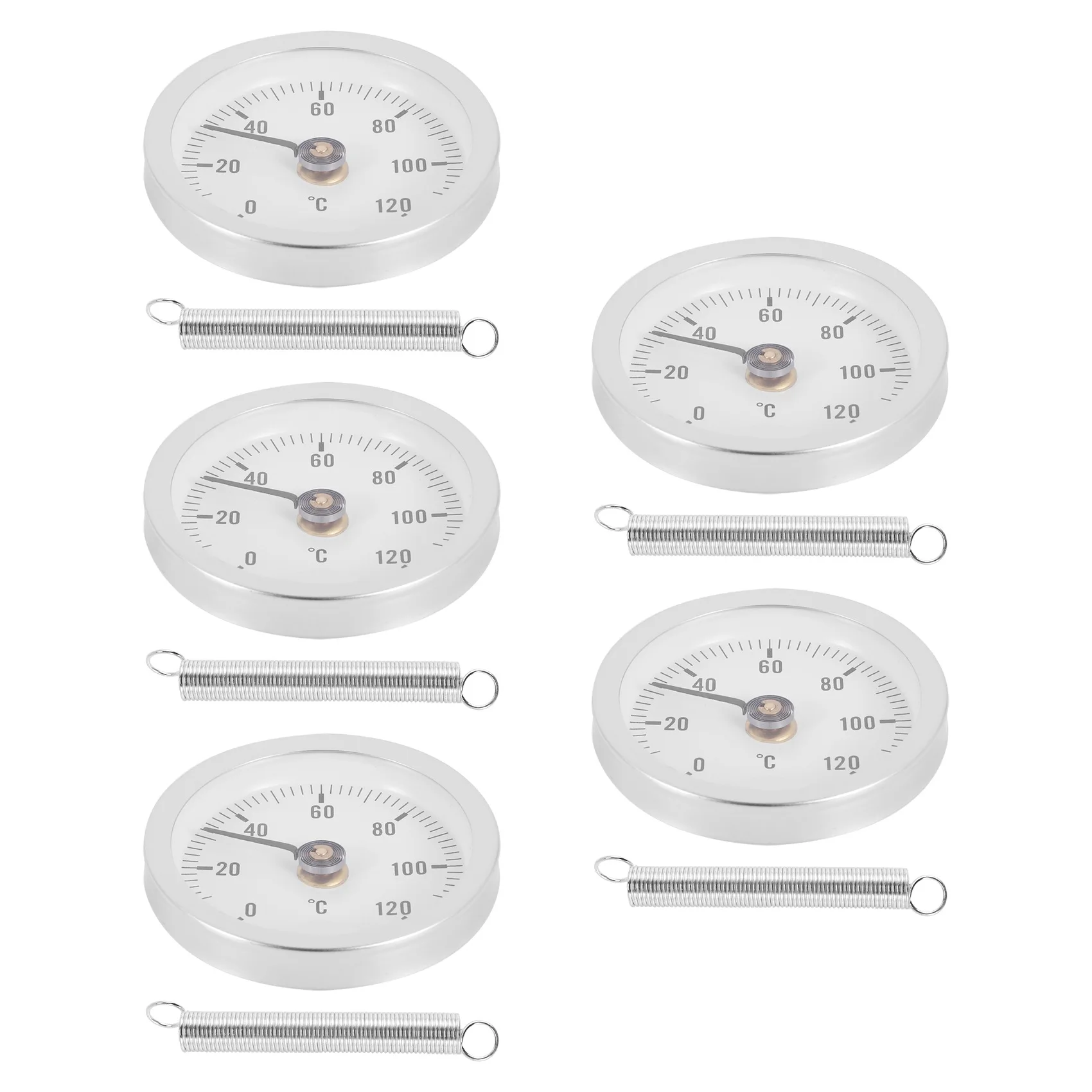 Termômetro de discagem com clipe redondo, medidor de temperatura com mola, calibre com caixa de alumínio, intervalo 0-120 ℃, tubo, 63mm, 5pcs conjunto