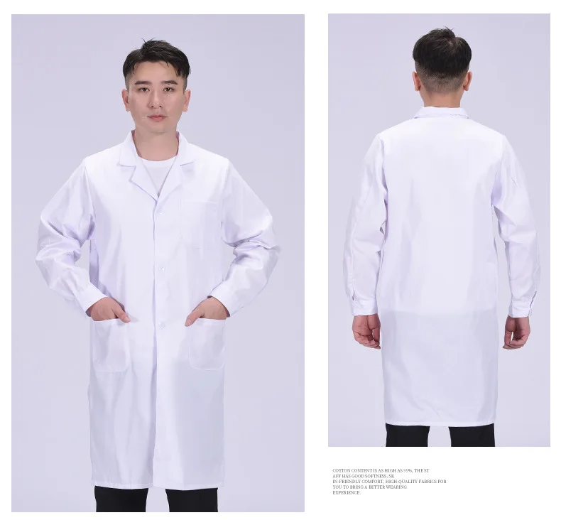 Casaco de laboratório branco de manga comprida masculino e feminino, moletom unissex, bolinhas, lapela, botão baixo, médico, enfermeira, médico, uniformes