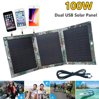 Foldable 100W Solar Panel Dual USB Outdoor Waterproof Solar Cell Battery Charger Power Bank for Mobile Phone Ipad Camping Hiking