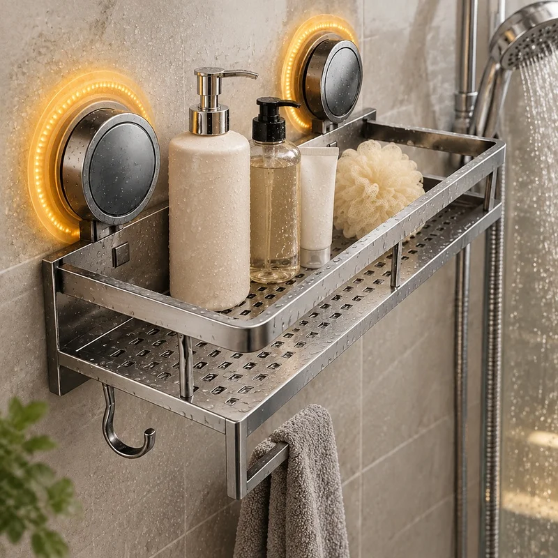 Bathroom Shower Storage Shelf - Aluminum Wall Organizer with Suction Mount, No-Drill Hanging Rack for Toiletries