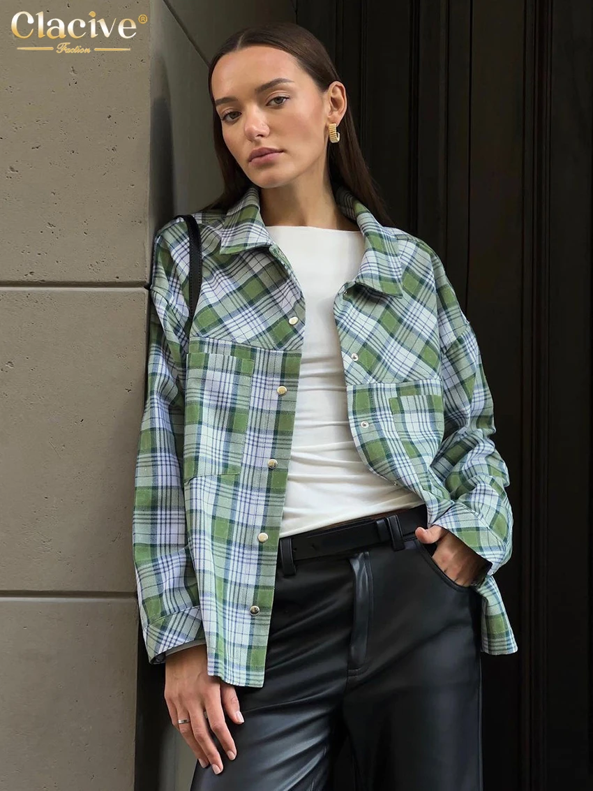 

Clacive Fashion Loose Plaid Women Shirts 2025 Vintage Lapel Long Sleeve Blouses Elegant Classic Pockets Top Female Clothing