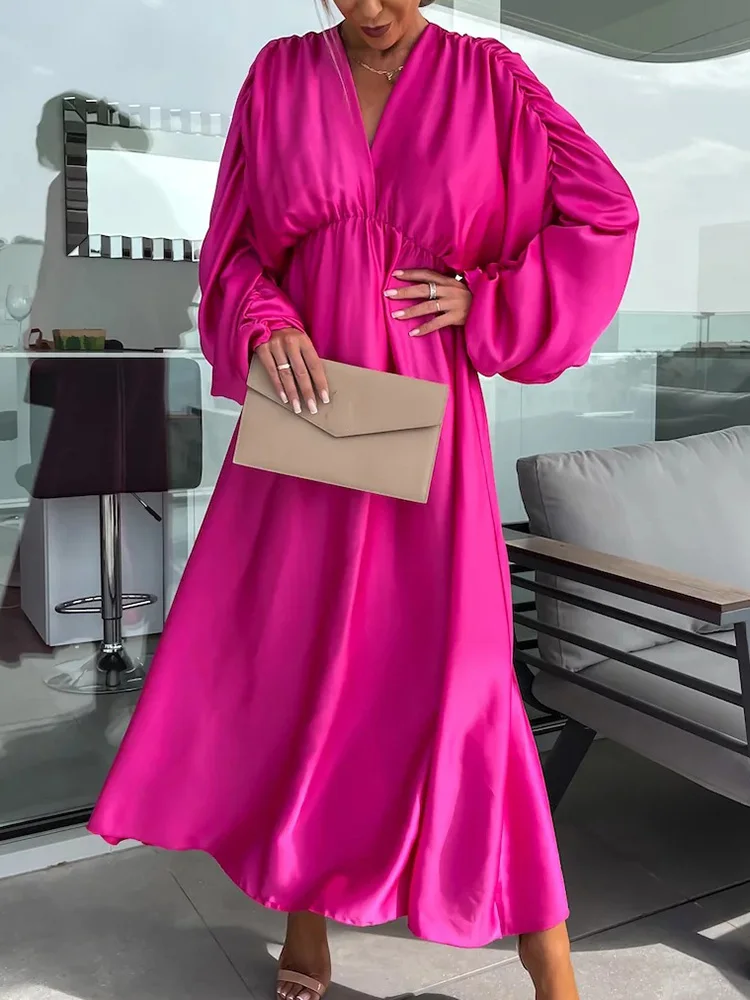 2023 Deep V-Neck Loungewear Party Dress Holiday Women Summer Long Sleeve Elegant Solid Shirring Elastic Waist Ladies Maxi Dress