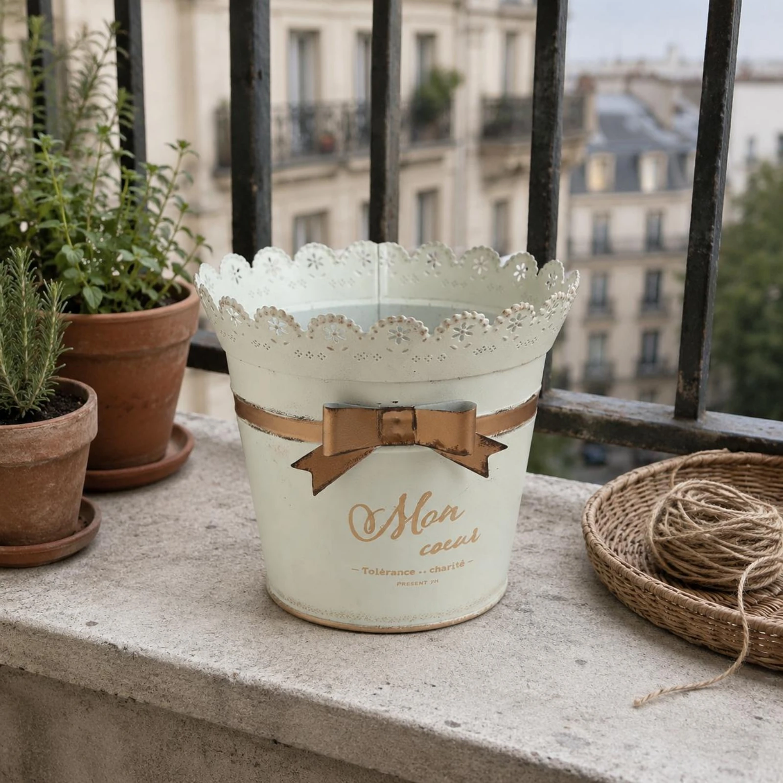 Metal Flower Pot Perforated Rim Vintage Flower Pot Decorative Metal Pail Ornamental Text Decorative Tin Pail Ribbon Bow