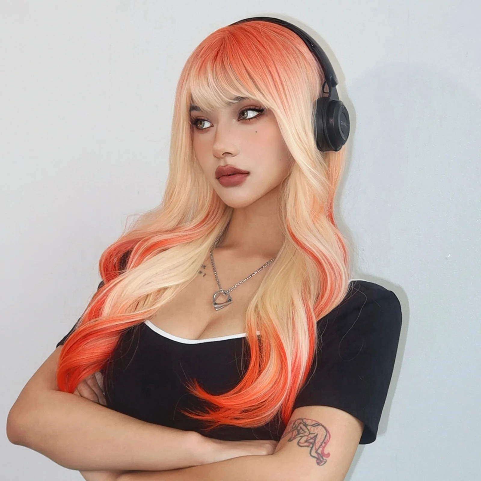 HENRY MARGU Blonde to Orange Wigs with Bangs Long Body Wavy Wig Ombre Platinum Colored Synthetic Hair Orange Roots Party Wig