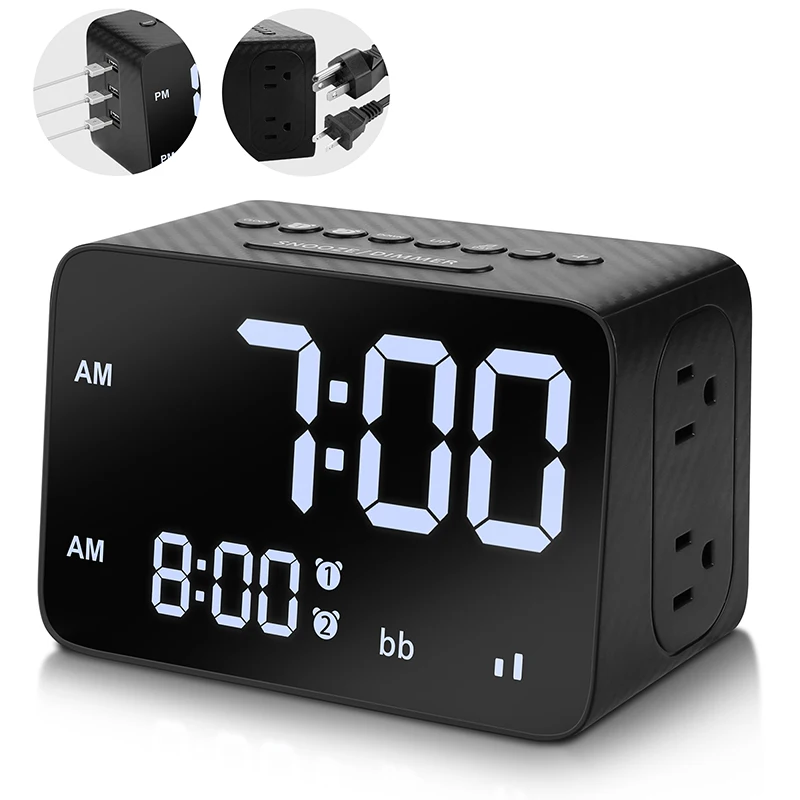 White Noise Alarm Clock Snooze Dimmable Light 3 USB Ports 2 US AC Outlets 1.5FT Power Cord Bedside Home Bedroom Clock