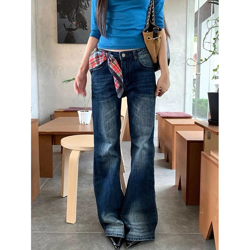 

Женские винтажные синие джинсы в стиле хип-хоп, модная уличная одежда Y2K, прямые брюки с высокой талией, классические узкие джинсовые брюки