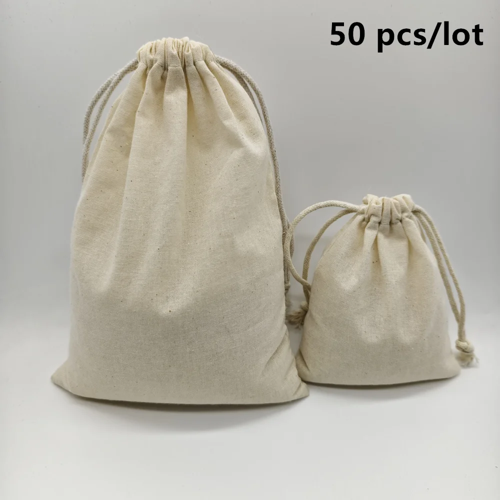 

50 Pcs/lot Small Wedding Gift Cotton Bags 8x10/10x15/15x20cm Christmas Party Favors Package Drawstring Pouches