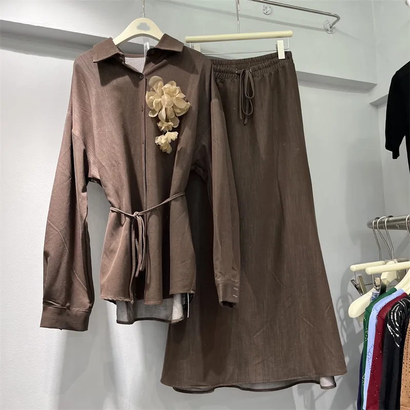 

SuperAen Women 2026 Spring and Autumn New Korean Style Lace-up Waist Elegant Top Elastic Waist Long A-line Skirt Sets