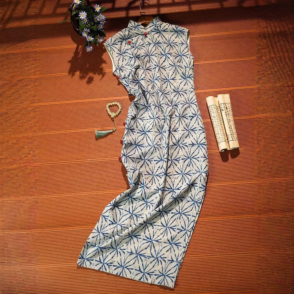 Blue New Chinese Style Dress National Trend Retrosleeveless Cheongsam Young Women Daily Qipao Dress Spring Summer New Chesongam