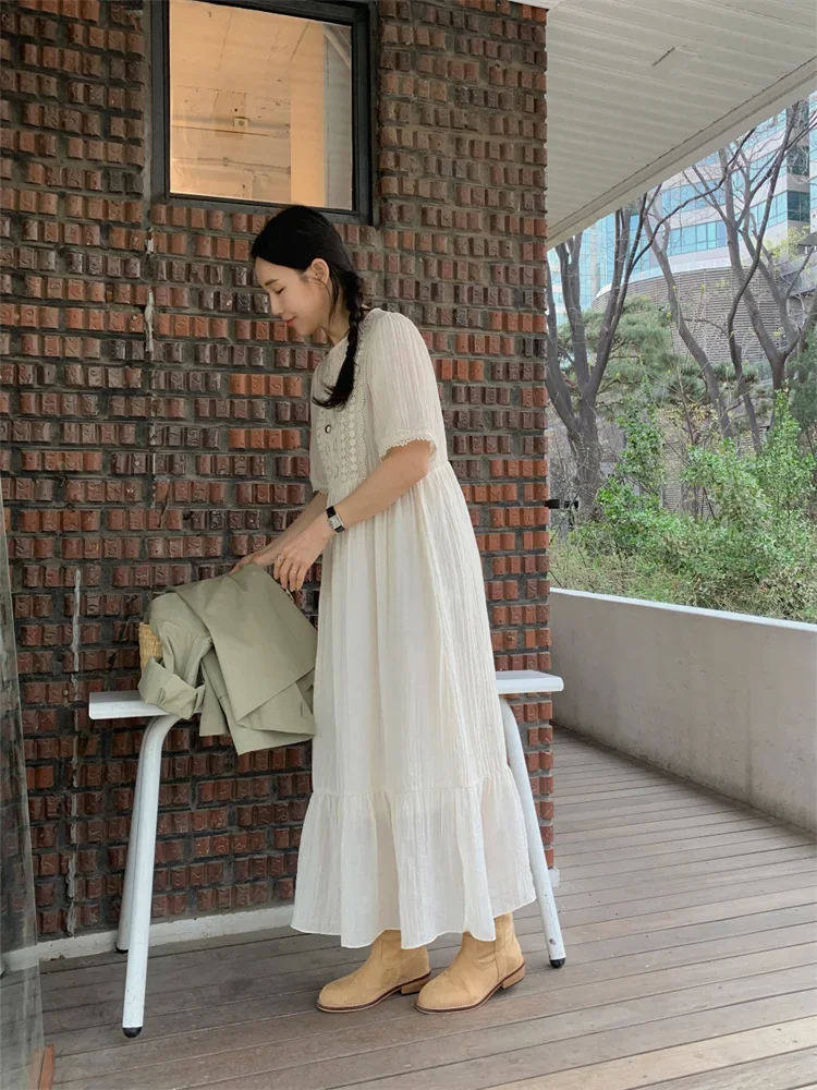 المرأة الياقة المستديرة قصيرة الأكمام الدانتيل الكروشيه فستان كاجوال فضفاض شاطئ حورية البحر عطلة فساتين طويلة بوهو نمط الأبيض Vestidos