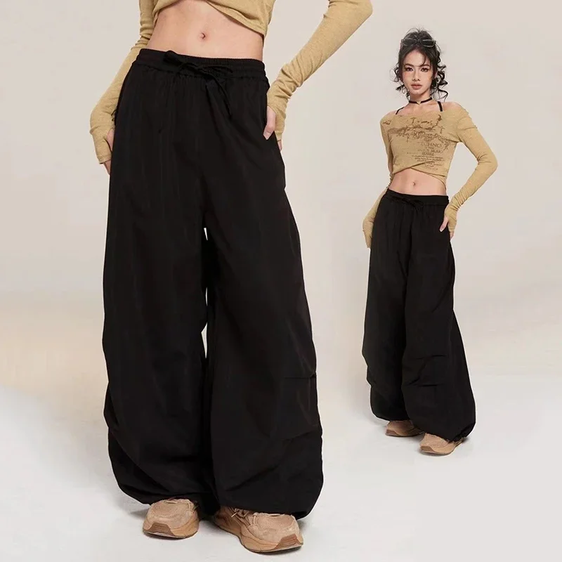 

High Waist Streetwear Women Wide Leg Pants Hip Hop Oversized Baggy Joggers Trousers Y2K Fashion Elastic Waist Parachute Pants