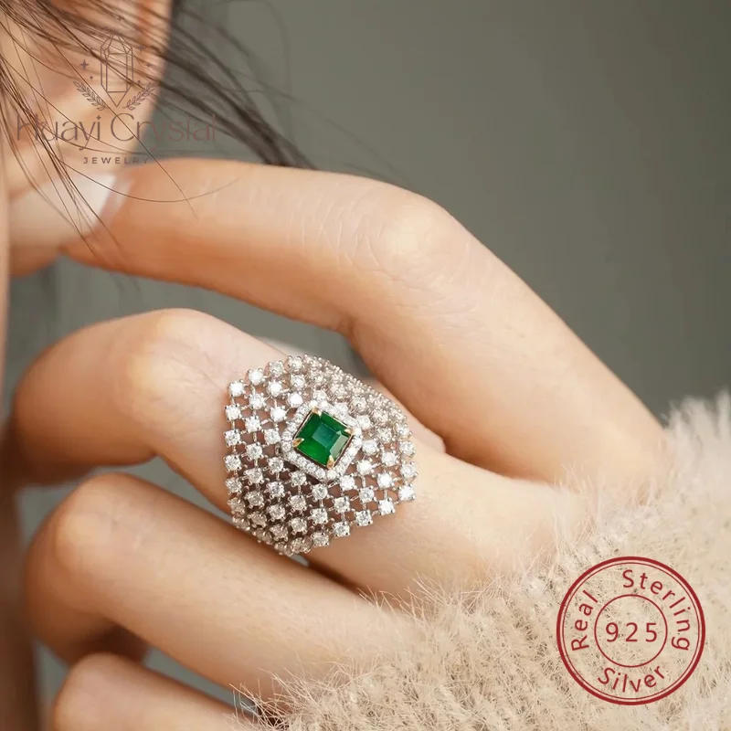 

Personalized luxury 925 Sterling silver gold plate emerald zircon hollow mesh geometry ring for women fine jewelry