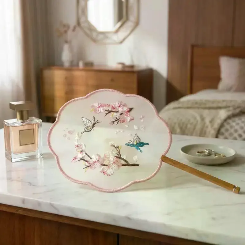 Chinese Silk Round Fan with Delicate Flower Embroidery Paddle Style Vintage Gift for Lady Costume and Living Room Decor