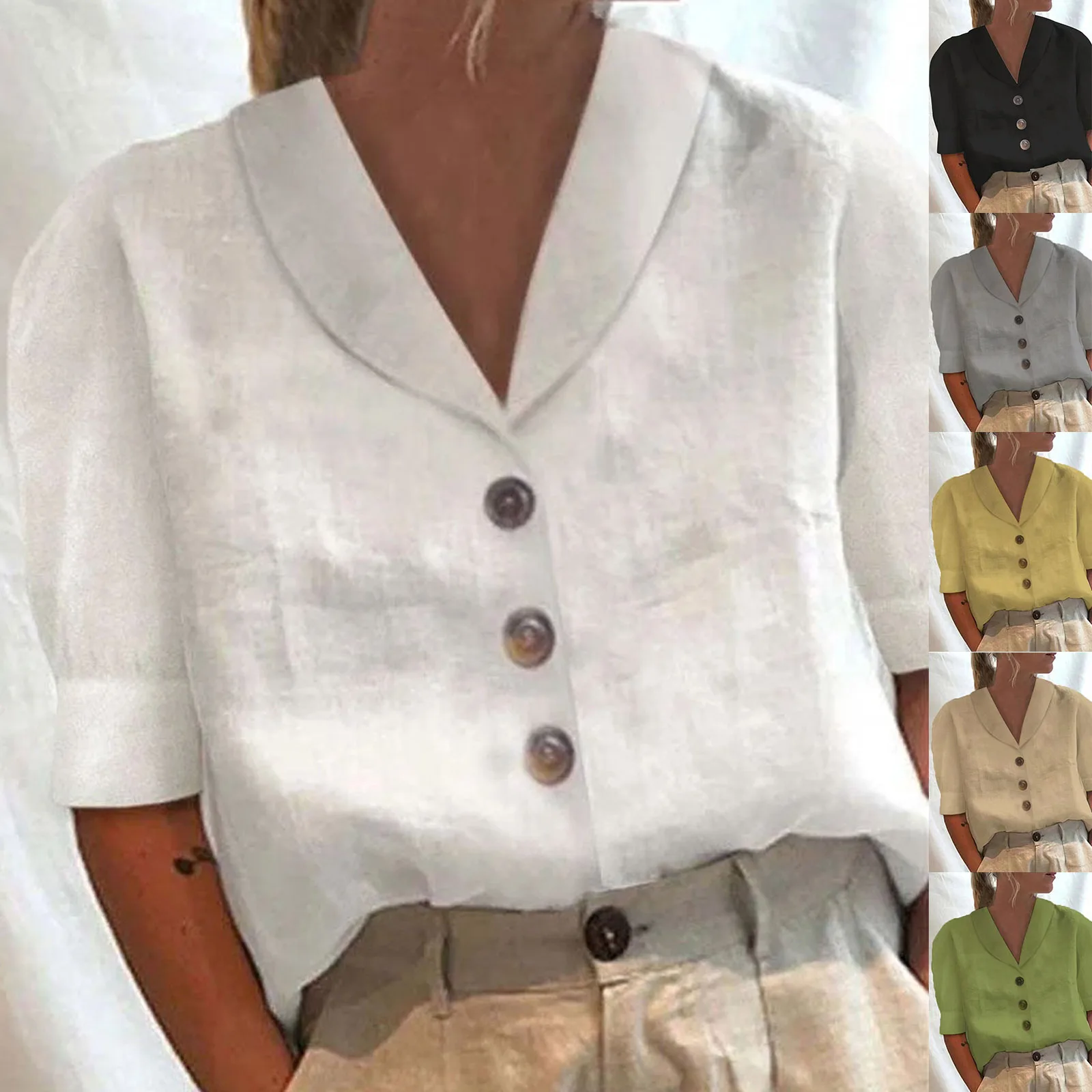 2023 new women's shirt stand collar button casual long short sleeve cotton linen solid color blouse women