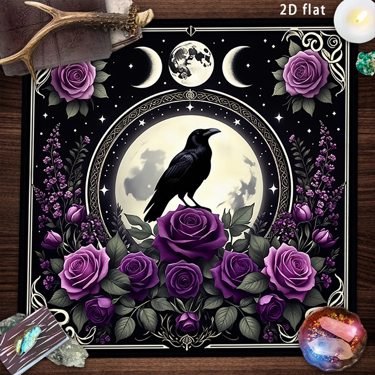 Vintage Black Raven Moon Phase Tarot Table Cloth Dark Floral Astrology Divination Altar Cloth Board Game Card Pad Wall Rug