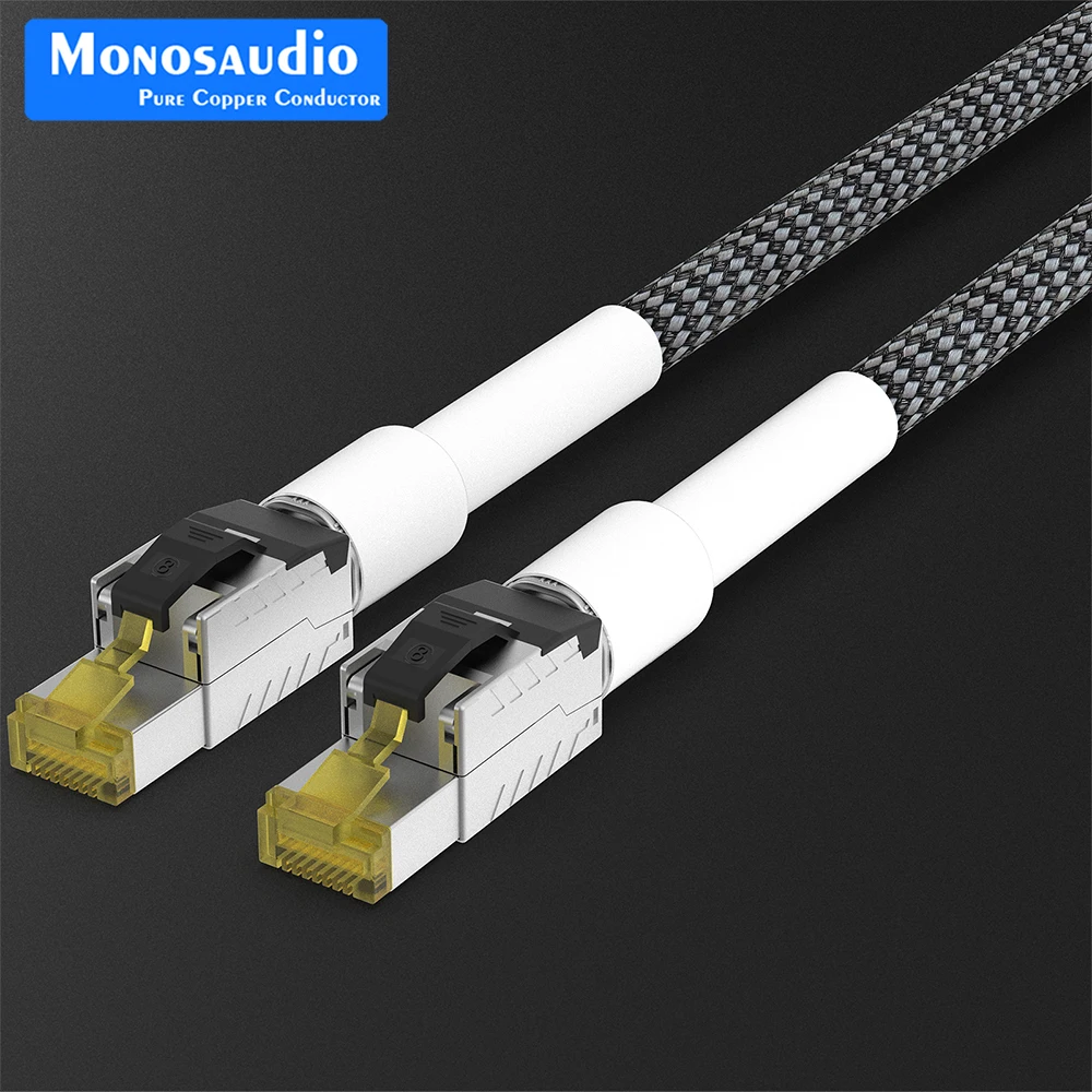 Monosaudio kabel Ethernet HiFi tembaga, 99.998% OFC CAT8 untuk Router/Laptop/komputer