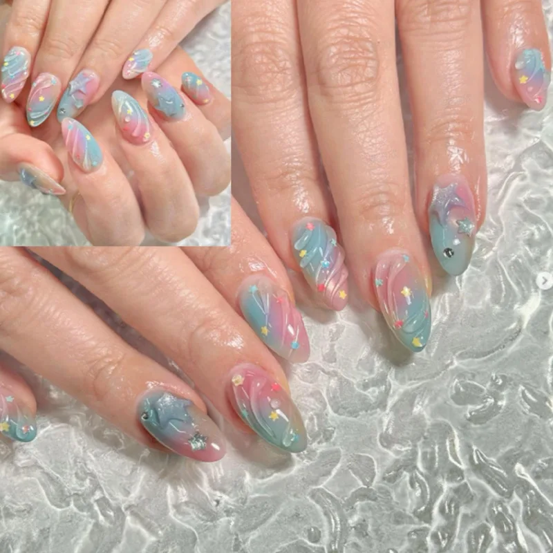 

24PCS Almond False Nails Gradient Mint Green Ombre Cat Eye Fake Nails Aurora 3D Star Press on Nails Full Cover Wearable Manicure