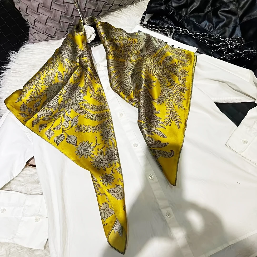 BYSIFA|Women Yellow 100% Mulberry Silk Scarf Winter Brand Floral Design 100% Mulberry Silk Square Scarves Fashion Hijabs Bufanda