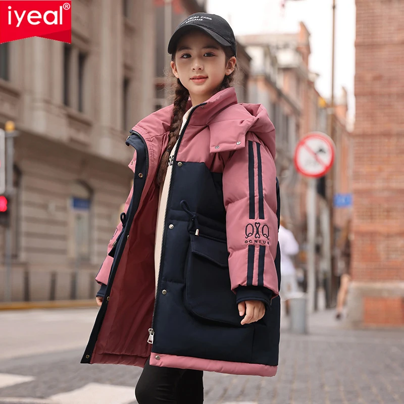 

IYEAL/Детские зимние парки на белом утином пуху для девочек от 4 до 12 лет, куртки средней длины, теплое пальто с мехом и капюшоном, детская верхняя одежда