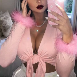 Sexy Bandage Wrap Chest V Neck Bare Midriff Short T Shirt Women Fluffy Long Sleeves Bottoming Shirt Ladies T Shirt Tops Mujer