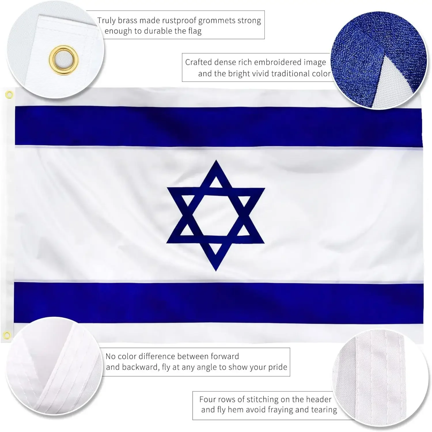 90X150CM Embroidered Israel Israeli Flag 3x5 Outdoor 210D Nylon Sewn Stripes 4 Stitch Hemming Brass Grommet