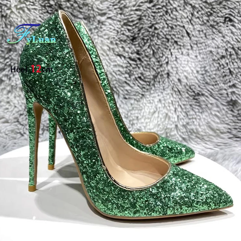 Green Glitter Sequin High Heels 8CM 10CM 12CM Stiletto Sexy Pointed Club Party Shoes Women Shallow Slip-On Fashion Elegant Pumps