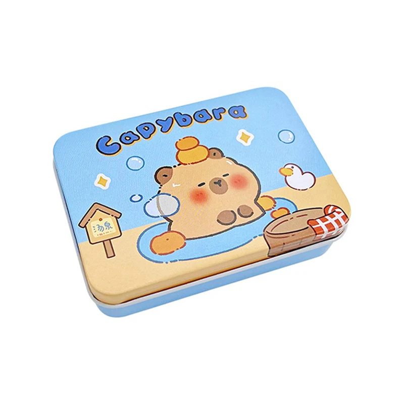 Cartoon Capibala Rectangular Tinplate Box Jewelry Organizer Postcard Desktop Small Object Hairpin Card Storage Cases