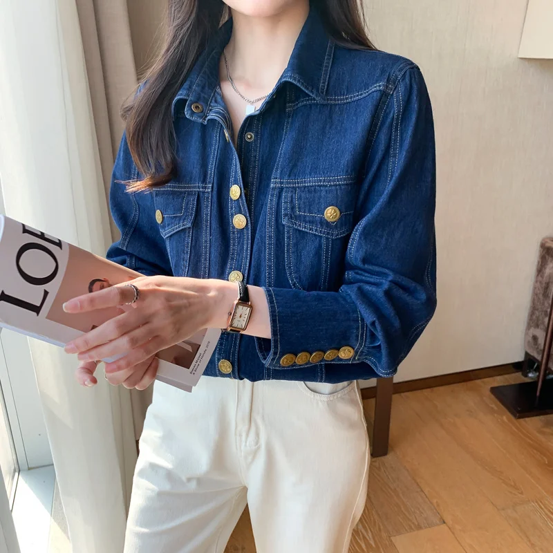 #3113 Autumn Winter Blue Outerwear Denim Shirt Women Single Breasted Womens Tops And Blouses Regular Fit Jeans Shirt Ladies