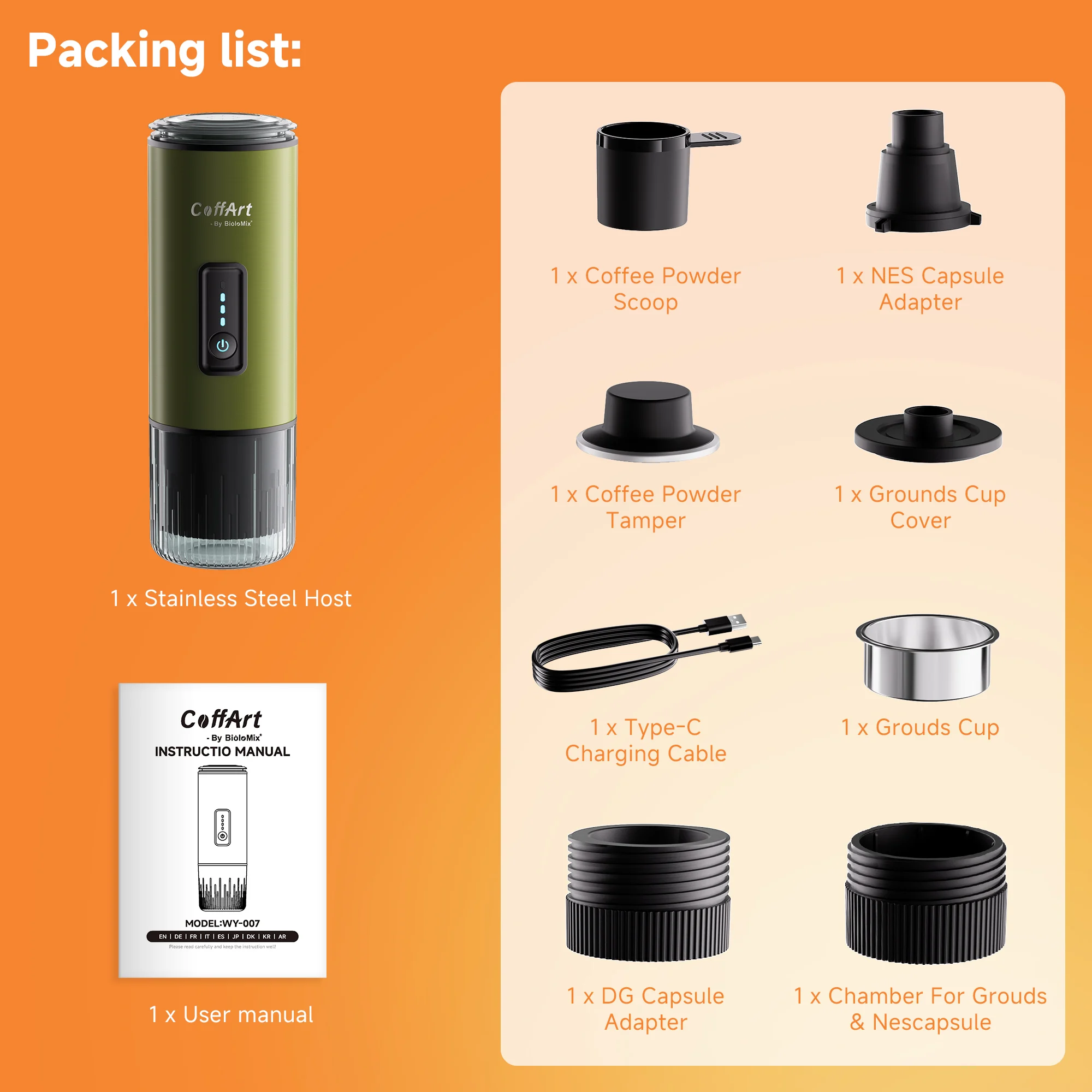 BioloMix Grean Macchina da caffè portatile in acciaio inossidabile per auto e uso domestico compatibile con polvere di caffè a capsule Nexpresso Dolce Pod