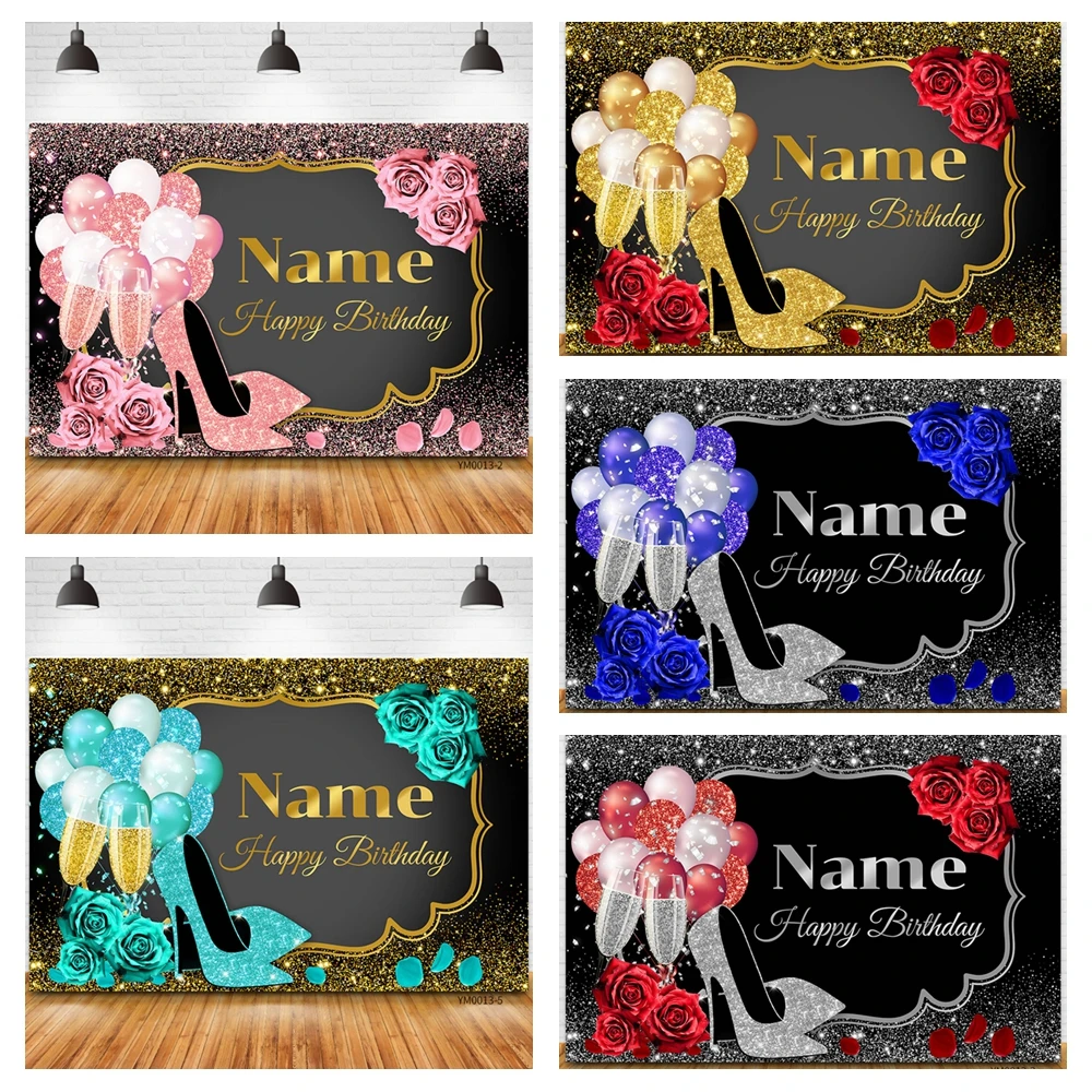 

Custom Name Gold Happy Birthday Backdrop For She Rose Floral Golden Balloons Heels Champagne Background For Women Party Banner