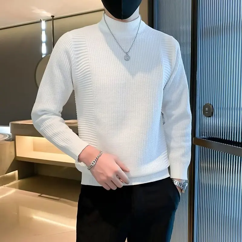 

Japanese style New Fashion Men's Solid Color Half High Collar Long Sleeve Simple Basic Casual Trendy Knitted Sweater Pullovers