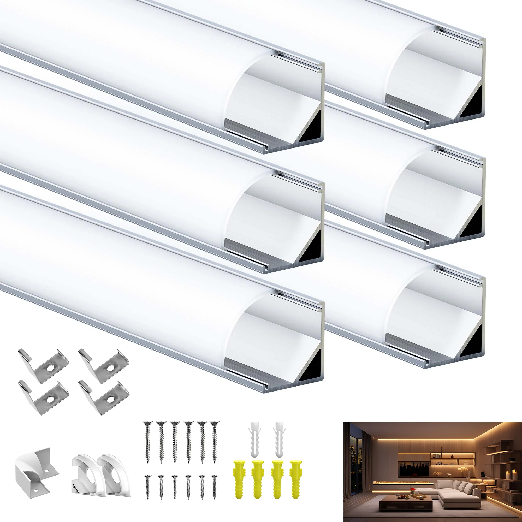 Image of 2M LED-Aluminiumprofil in V-Form für LED-Streifen bis zu 10 mm Dicke, inklusive Milchweißer Diffusor-Endkappen und Schraubzubehör