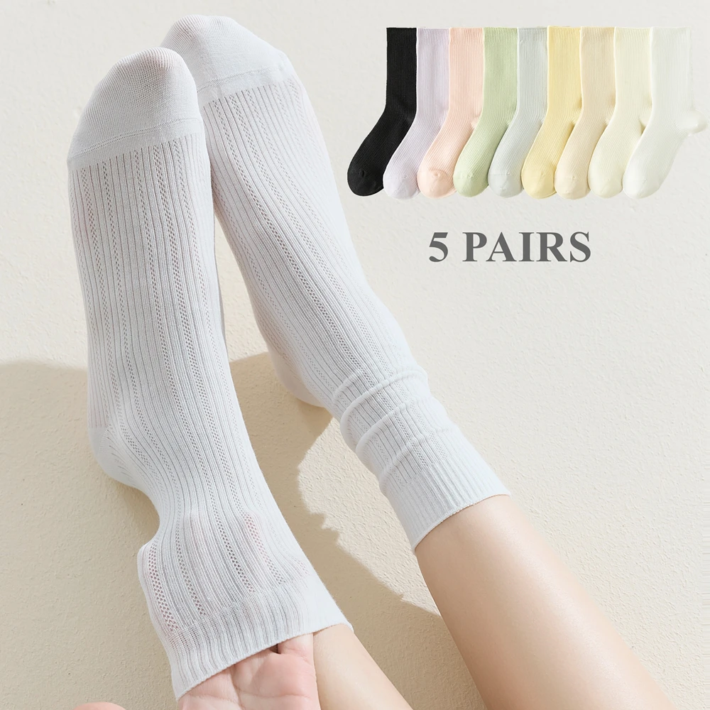 

5 Pairs Women Summer Socks Cute Mesh Thin Silk Socks Ladies Middle Tube Casual Socks Japanese Korean Fashion Candy Color