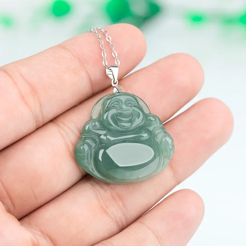 

Natural Burmese Jade Stylish Vintage and Sophisticated Design Green Maitreya Buddha Pendant Necklace Women's Model Jewelry