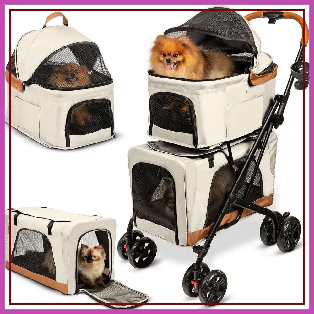 

Double Pet Stroller for 2 Dogs or Cats, Detachable Carriers, Compact Design, Easy Assembly, Cosmic Beige